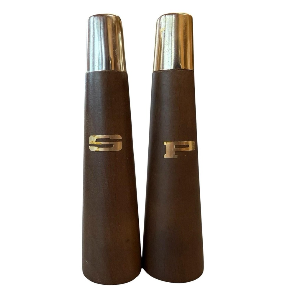 Vintage Salt Pepper Shakers Wood Metal Caps Japan MCM Mid Century